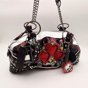 Ed Hardy Love Hearts Skull Roses Studded Satchel Handbag Silver Black Vegan Tote